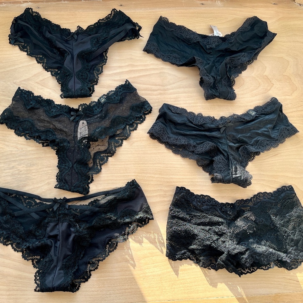 Lot of 6 NWT Victoria's Secret Black Lacy Cheeky and Boyshort Panties. Size S.